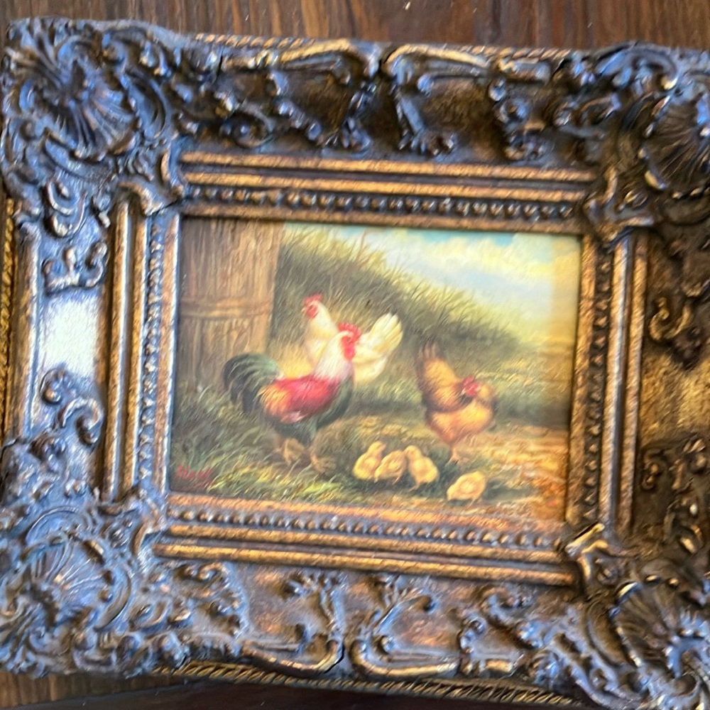 Cute decorative chicken art in fancy frame, 10 -1/2 x 12-1/2 inches total